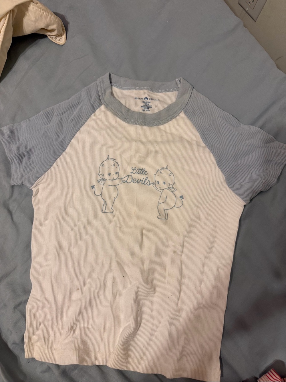Brandy Melville baby tee White & Light Blue Raglan 'Little Devils' Graphic Tee
